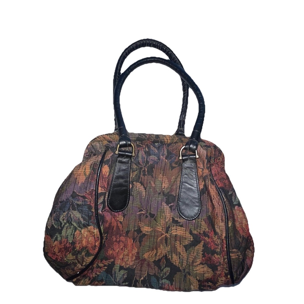 VTH Carpet Bag Tapestry Floral MCM Magnetic Closure Embroidery Leather Satchel